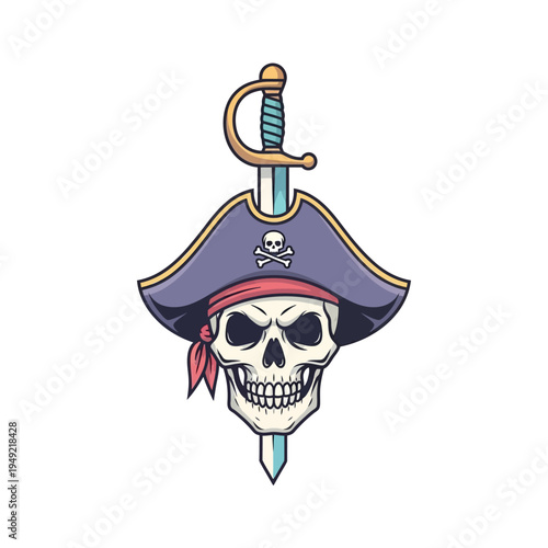 Pirate Skull Icon with Sword and Hat - Vector Illustration