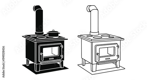 Two wood burning stoves one in black and one in white silhouette