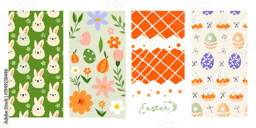 Four colorful rectangular patterns depicting easter themes and spring florals