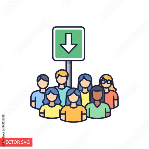 Diverse group of people gathered under a green downward arrow sign