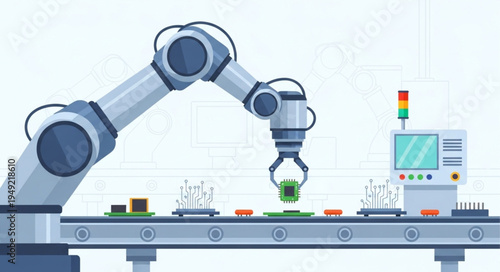Automated Robotic Arm Working on a Factory Production Line.