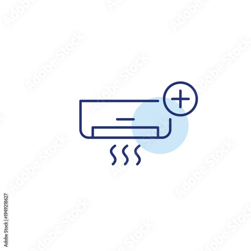 AC unit and plus symbol. Cooling boost, air upgrade, climate enhancement, temperature add, comfort increase. Pixel perfect, editable stroke vector icon