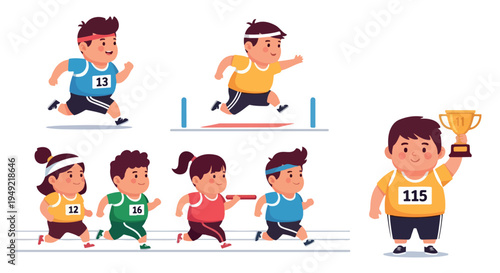 cartoon kids running in athletic race with winner holding trophy