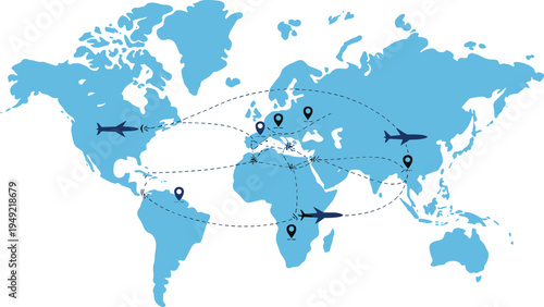 world map with airplane routes and location pins, global travel network illustration, international flight path tourism vector design