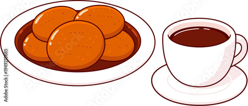 Sopaipillas pasadas, traditional Chilean food drawing. Cup of tea with deep fried pastry in chancaca (panela) syrup. Cute cartoon vector illustration.
