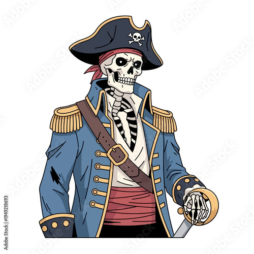 Skeleton Pirate Captain in Blue Coat with Sword and Tricorne Hat