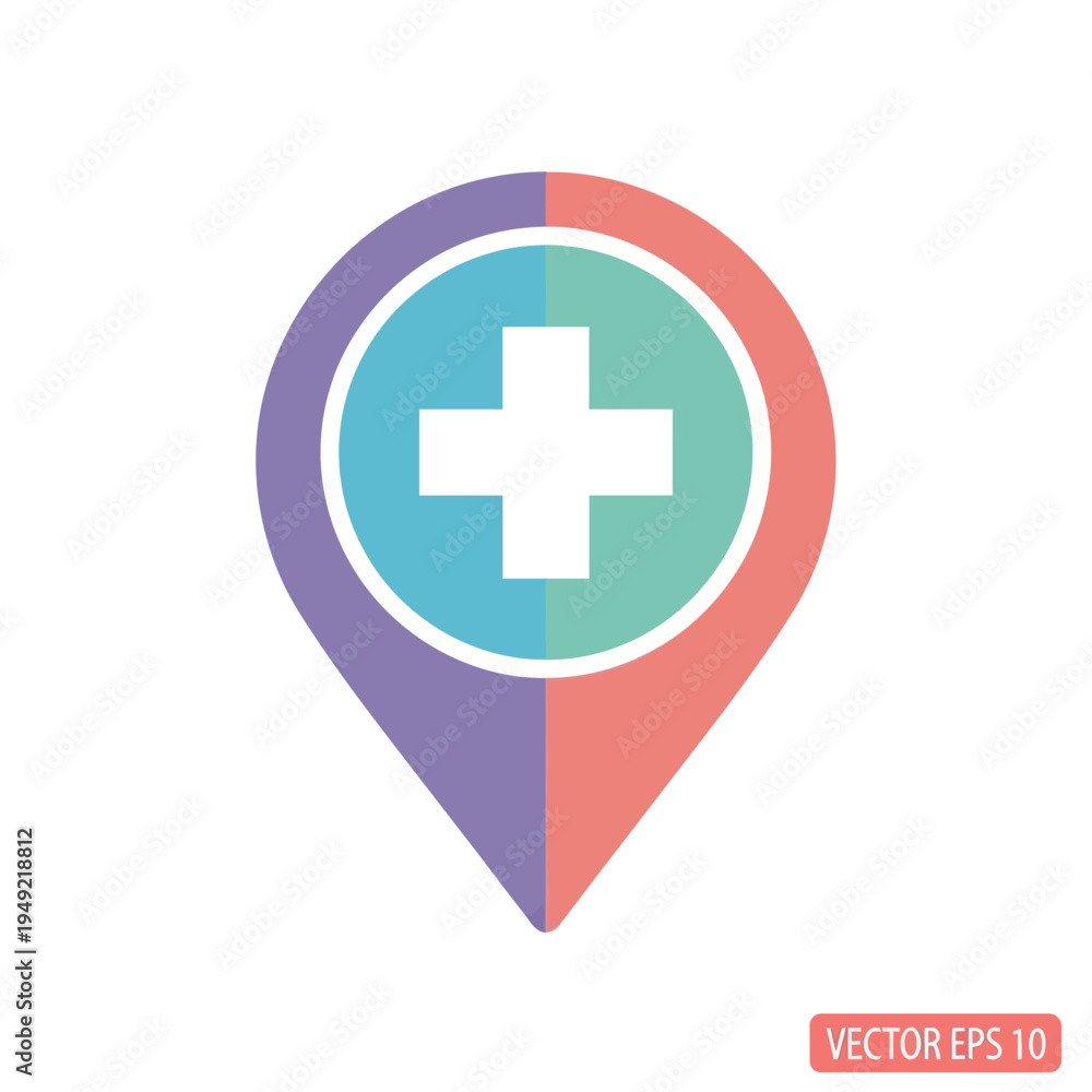 Obraz premium Medical Location Pin Icon: Healthcare, Pharmacy, Clinic, Hospital, First Aid, Map Marker