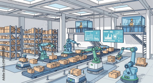 Automated factory production line with robotic arms and conveyor belts.