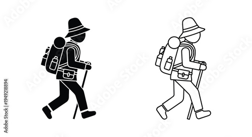 Two hikers with backpacks walking depicted as a striking black silhouette