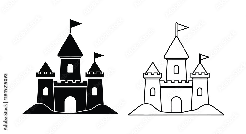 Fototapeta premium Two sandcastles one solid black and one outlined presented as a silhouette