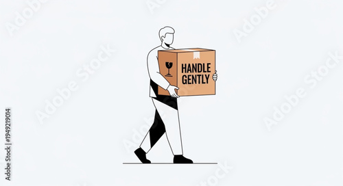 Man Carrying Cardboard Box with Handle Gently Label.