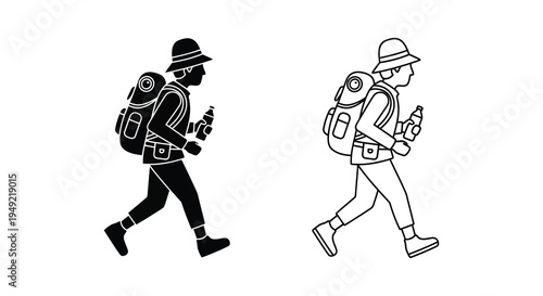 Two hikers with backpacks walking outlined in contrasting styles silhouette