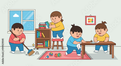children cleaning and studying together at home