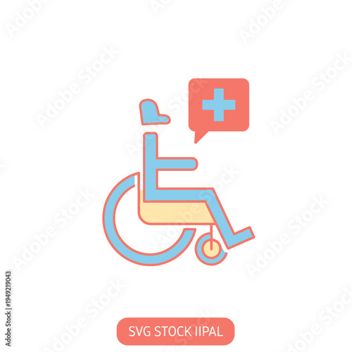 Person in wheelchair with medical cross icon in speech bubble, healthcare concept