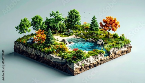 Miniature landscape scene showing a vibrant cross-section of a natural environment with trees, water, and varied foliage