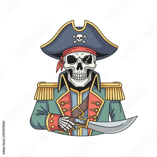Skeleton Pirate Captain with Cutlass Sword, Eye Patch, and Tricorne Hat