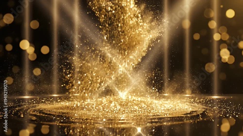 A golden shimmer cascades downward, accumulating on a reflective surface, with bokeh