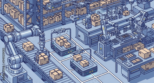 Automated Factory Production Line With Robotic Arms And Conveyor Belts.