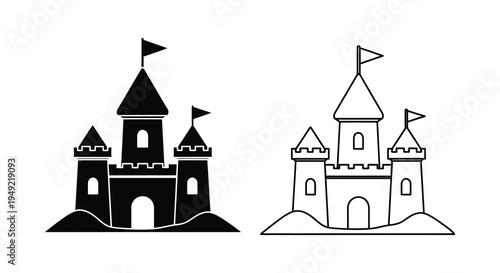 Two sandcastles one solid black and one outlined presented as a silhouette
