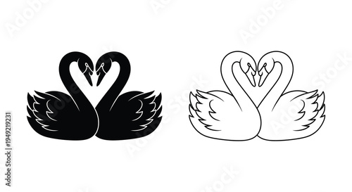 Two swans forming heart shapes presented in contrasting colors a striking silhouette