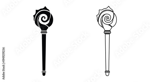 Two ornate spiral maces displayed side by side a striking black silhouette