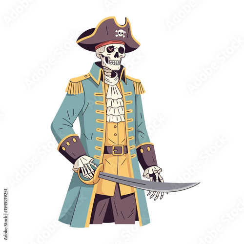 Skeleton Pirate Captain with Sword and Tricorne Hat, Cartoon Style