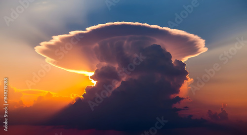 Dramatic mushroom-shaped storm cloud formation at sunset