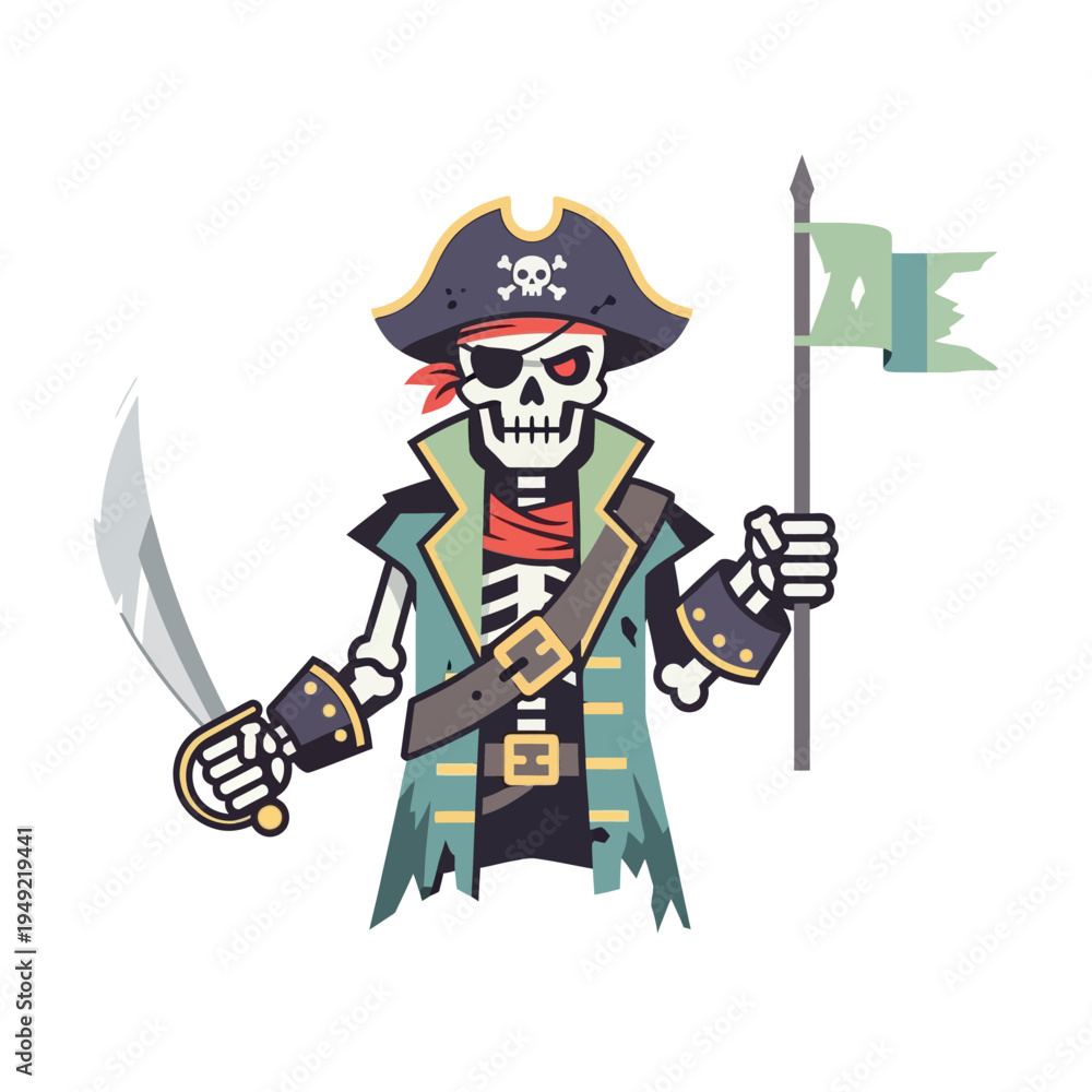 Obraz premium Skeleton Pirate with Cutlass and Tattered Flag - Spooky Halloween Character