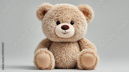 A fluffy, tan-colored stuffed bear sits against a neutral gray background