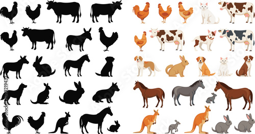 Large collection with various domestic animals and livestock, colored farm pets and black silhouettes for nature design and education, vector
