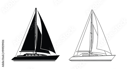 Two sailboats depicted in a stark black and white illustration silhouette