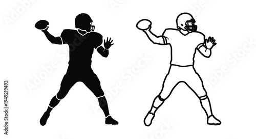 Two american football players in action poses depicted as a silhouette