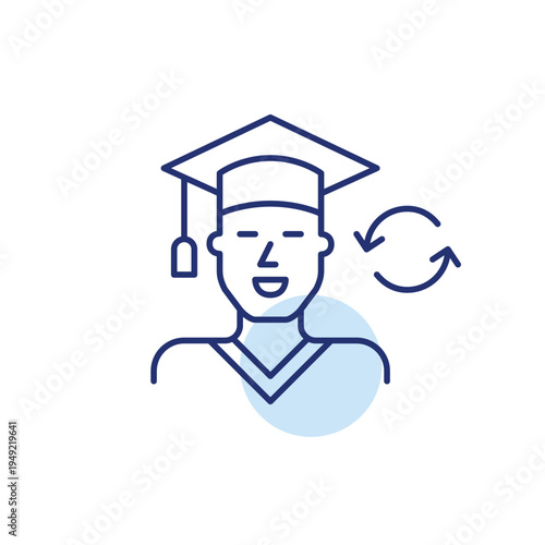 Man in graduation mortarboard and renew arrows. Career cycle, diploma refreshment. Pixel perfect, editable stroke vector icon