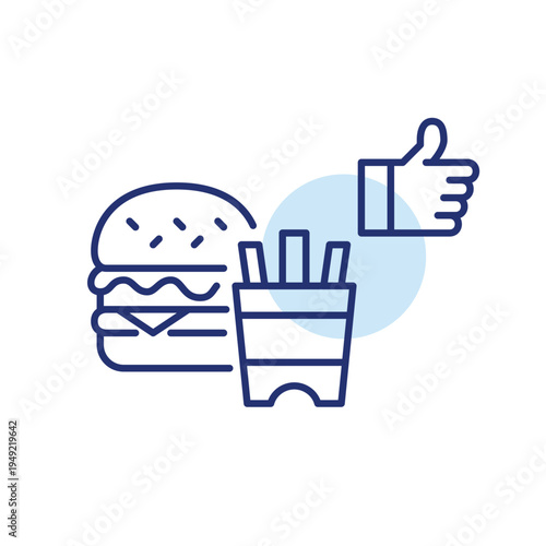 Lunch meal of burger, fountain drink and like. Fast food order approval, satisfaction and positive customer feedback. Pixel perfect, editable stroke vector icon