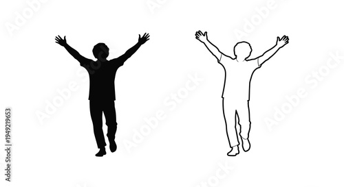 Two figures with arms raised in celebration one dark and one light silhouette