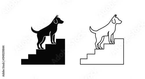 Two dogs on steps one in solid black and one in white outline silhouette