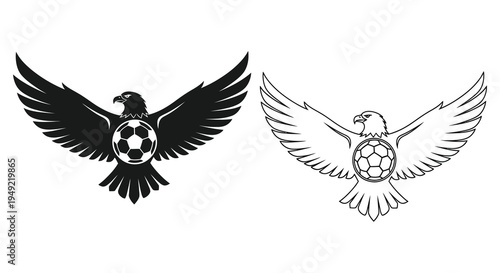 Eagle clutching a soccer ball design two variations in black and white silhouette