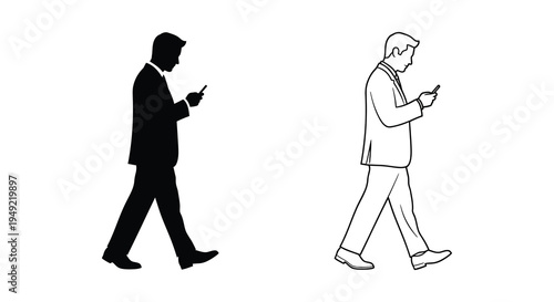 Two men walking and using smartphones one as a dark silhouette