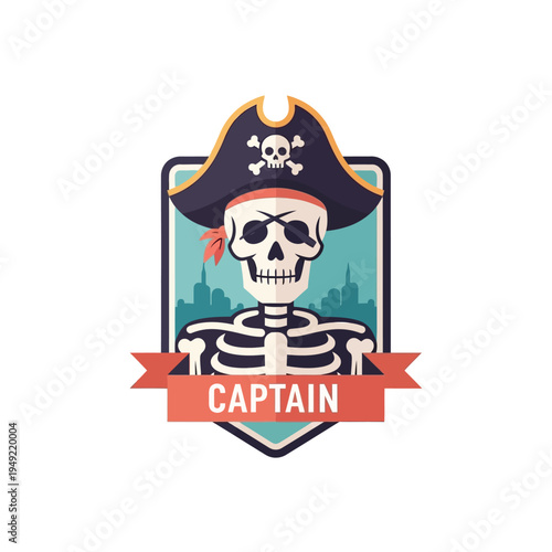 Pirate Skeleton Captain Emblem with Skull Hat and Cityscape Background