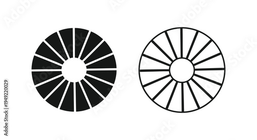 Two circular designs with radial spokes a striking black silhouette