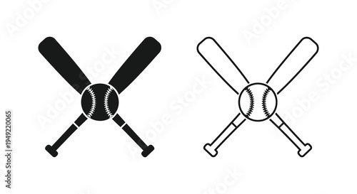 Two crossed baseball bats and a ball black and white graphic silhouette