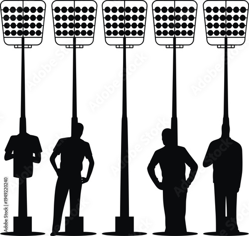 Surreal silhouettes of people with stadium floodlights as heads symbolizing illumination, identity, creativity, metaphorical ideas, and conceptual vector art