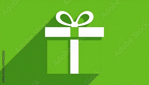 Simplified, flat-design illustration of a gift box, featuring a long shadow and a tied bow. The background is a vibrant, solid green color