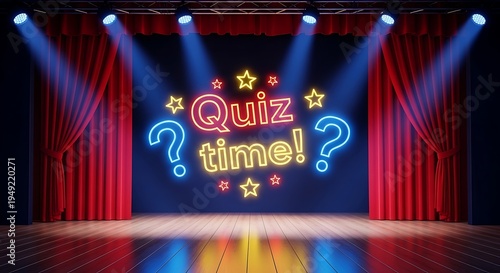 A stage with red curtains and spotlights illuminating a 