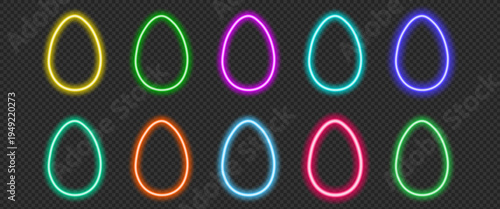 Set of colorful neon Easter eggs glowing outlines on dark transparent background. Vector bright futuristic light frames in cyber style for spring holiday party and creative nightclub event