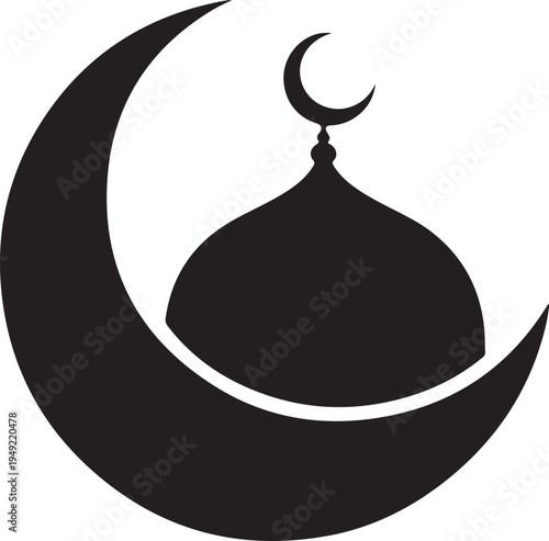 Elegant black silhouette of a mosque dome with a crescent finial and a large crescent moon