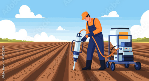 Farmer Using Soil Testing Equipment Field.