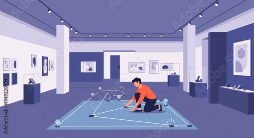 Man Arranging Artwork in Modern Gallery.