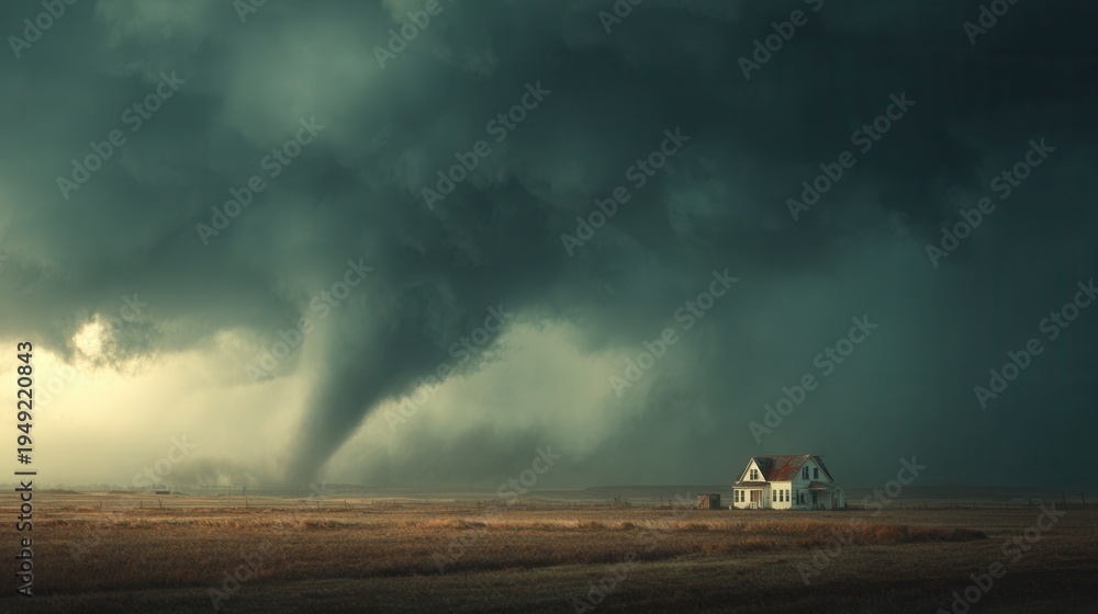Fototapeta premium powerful tornado with swirling debris and bright lightning flashes in dark storm clouds, dramatic extreme weather scene in realistic photorealistic style