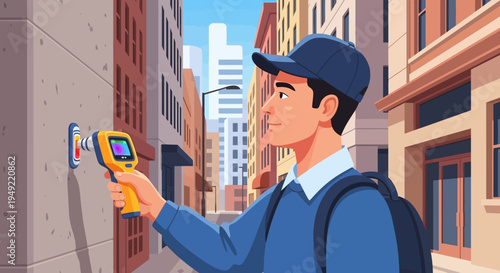 Man Using Infrared Thermometer in City Street.